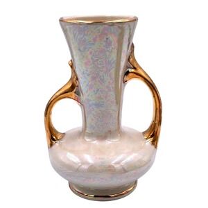 22KT Gold Trim Vintage Pearl China Co Iridescent Lusterware Vase Double Handlled